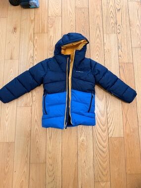 Columbia Navy and Bright Blue Puffer Jacket with Gold Hood Lining